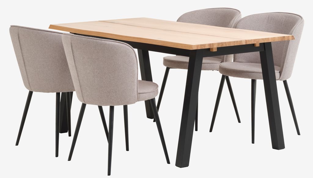 SKOVLUNDE L160 table natural oak + 4 RISSKOV chair l. grey | JYSK