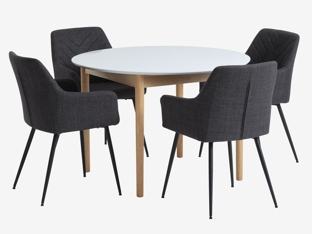 MARSTRAND Ø110 Tisch weiß + 4 PURHUS Stühle grau JYSK