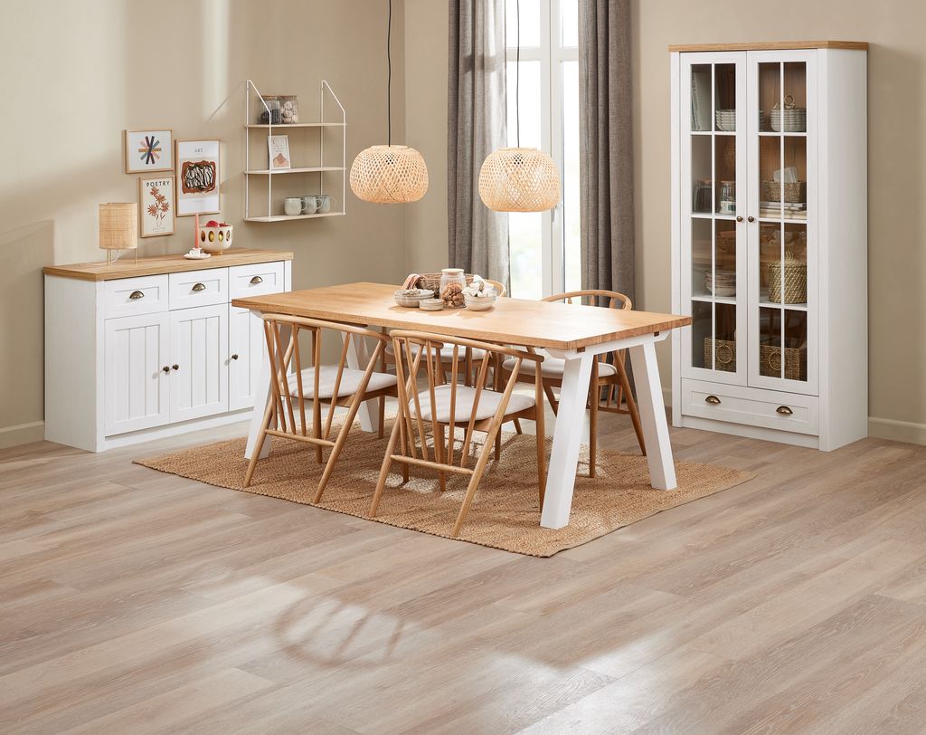SKAGEN D200 stół biały/dąb + 4 ARNBORG krzesła dąb