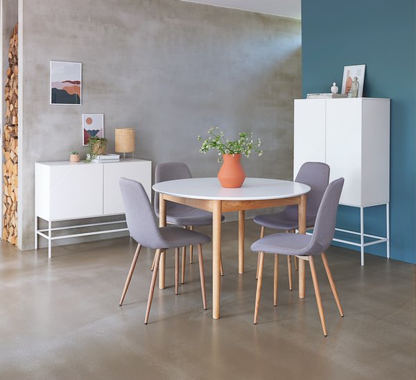 MARSTRAND Ø110 Tisch weiss + JONSTRUP Stühle grau/eiche