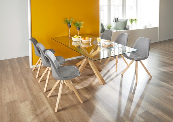 Silla de comedor DREJHUS tela gris claro/natural