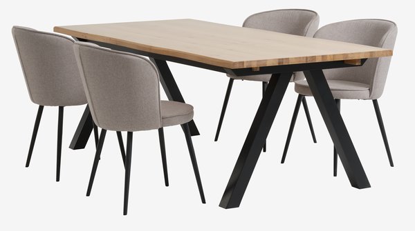 SANDBY L210 table chêne naturel + 4 RISSKOV chaises gris c.