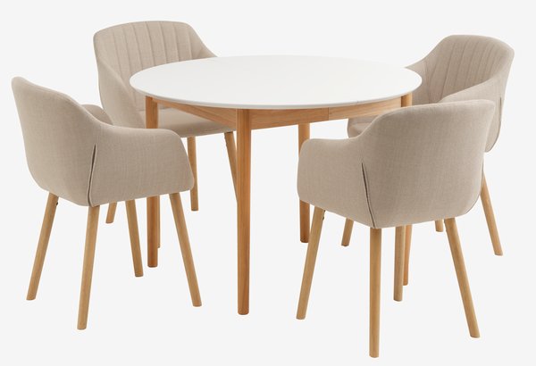 MARSTRAND Ø110 table blanc + 4 ADSLEV chaises beige