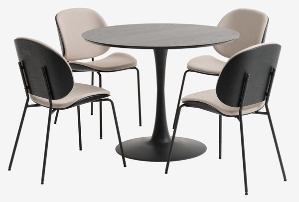 RINGSTED Ø100 table noir + 4 TESTRUP chaises sable