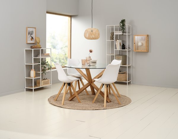 Mesa AGERBY Ø119 roble natural + 4 sillas BLOKHUS blanco