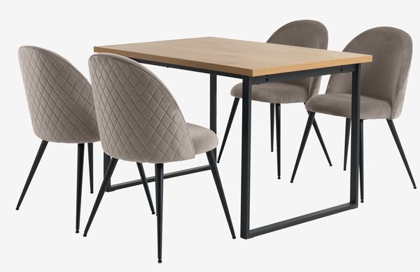 Table AABENRAA L120 chêne + 4 chaises KOKKEDAL velours gris
