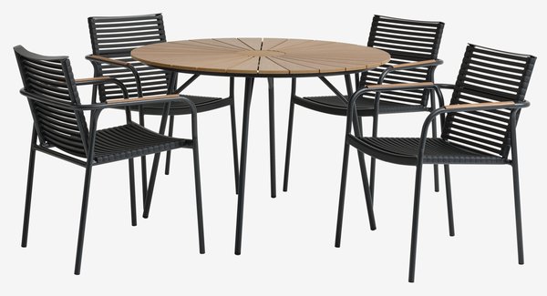RANGSTRUP Ø110 table naturel/noir + 4 NABE chaises empil. n.