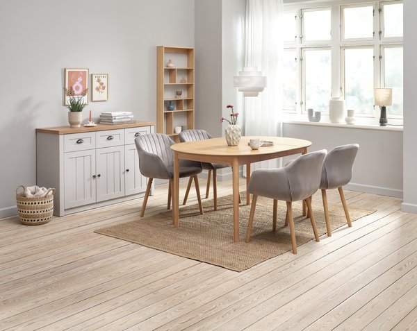 MARSTRAND D110 table oak + 4 ADSLEV chairs grey velvet