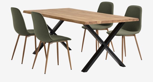 Table ROSKILDE L200 chêne naturel + 4 chaises BISTRUP olive