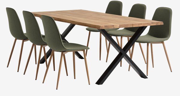 Table ROSKILDE L200 chêne naturel + 4 chaises BISTRUP olive