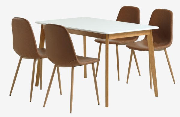 JEGIND L130 table blanc + 4 JONSTRUP chaises cognac/chêne