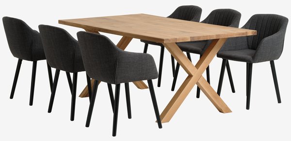 Table GRIBSKOV L180 chêne + 4 chaises ADSLEV antracite
