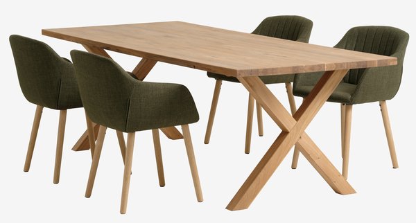 Table GRIBSKOV L230 chêne + 4 chaises ADSLEV olive