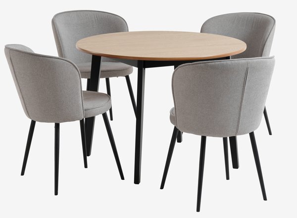 Mesa JEGIND Ø105 roble/negro + 4 sillas RISSKOV gris claro