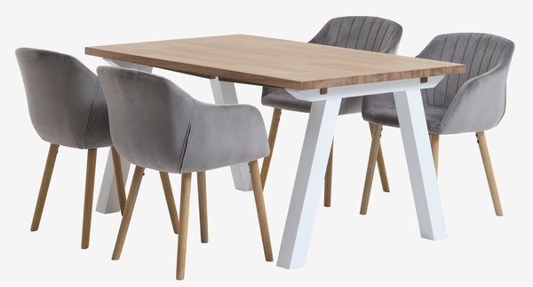 Table SKAGEN L150 blanc/chêne +4 chaises ADSLEV velours gris