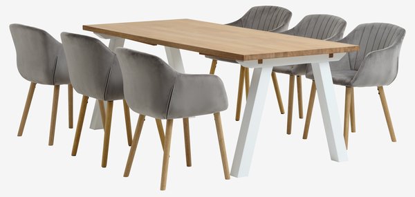 SKAGEN L200 Tisch weiss/Eiche + 4 ADSLEV Stühle grauer Samt