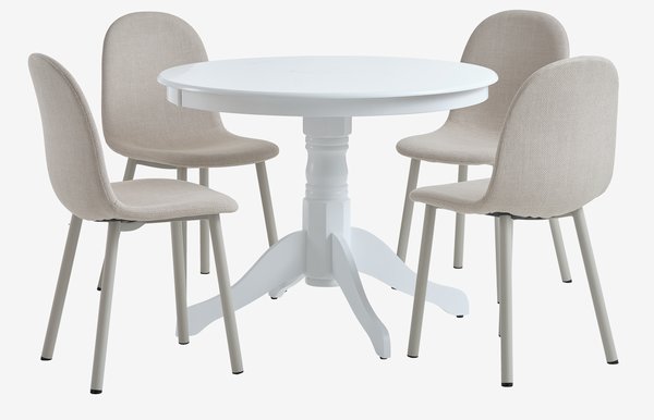 ASKEBY Ø100 pöytä valkoinen + 4 EJSTRUP tuoli beige