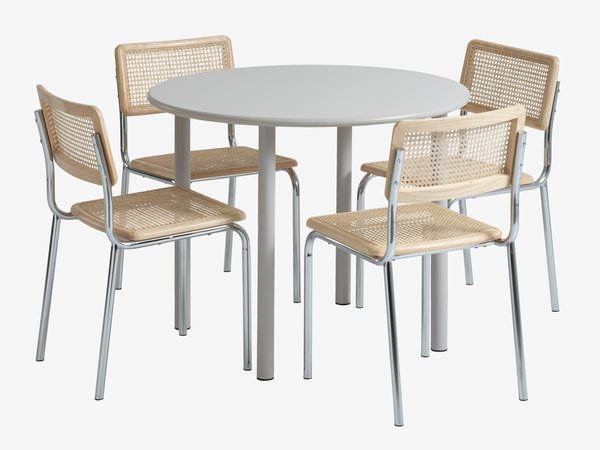 Table HANSTED Ø100 gris chaud + 4 chaises HASSING rotin