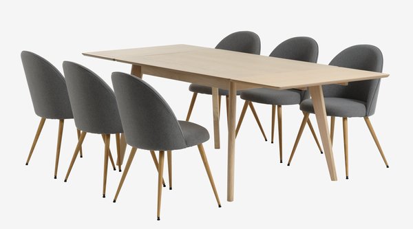 KALBY L130/220 table oak + 4 KOKKEDAL chairs grey/oak