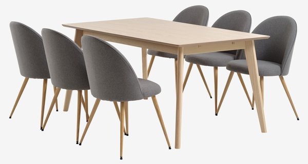 KALBY L160/250 table oak + 4 KOKKEDAL chairs grey/oak