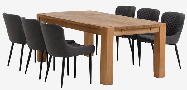 Table OLLERUP L200 chêne + 4 chaises PEBRINGE gris/noir