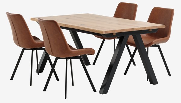 SANDBY L160 table chêne naturel + 4 HYGUM chaises cognac