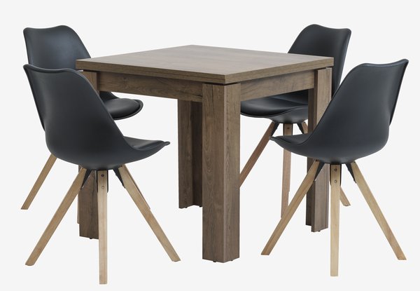 VEDDE L80/160 Tisch Wild Oak + 4 BLOKHUS Stühle schwarz