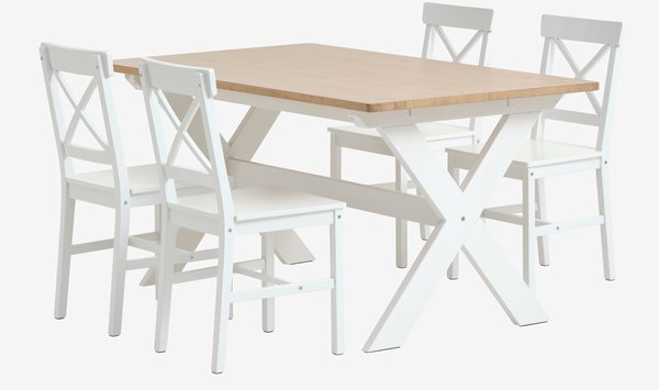 Table VISLINGE L150 naturel + 4 chaises EJBY blanc