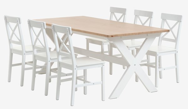 Table VISLINGE L190 naturel + 4 chaises EJBY blanc