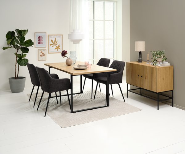 Table AABENRAA L160 chêne + 4 chaises PURHUS gris JYSK