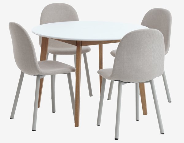 Table JEGIND Ø105 blanc + 4 chaises EJSTRUP beige