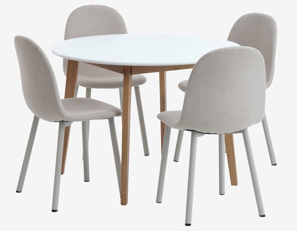 JEGIND Ø105 tafel wit + 4 EJSTRUP stoelen beige