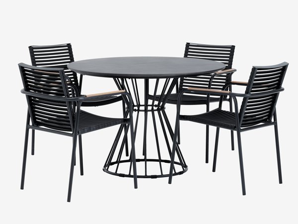 FAGERNES Ø110 table gris + 4 NABE chaises noir