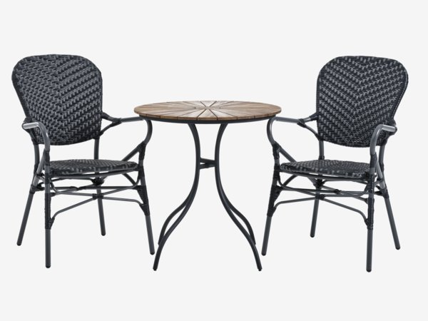 Table BASTRUP Ø65 bois dur/noir + 2 chaises SAKSBORG gris