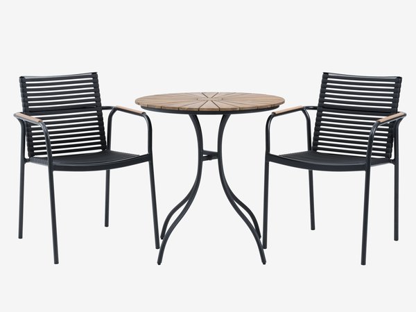 BASTRUP Ø65 table acacia/noir + 2 NABE chaises noir
