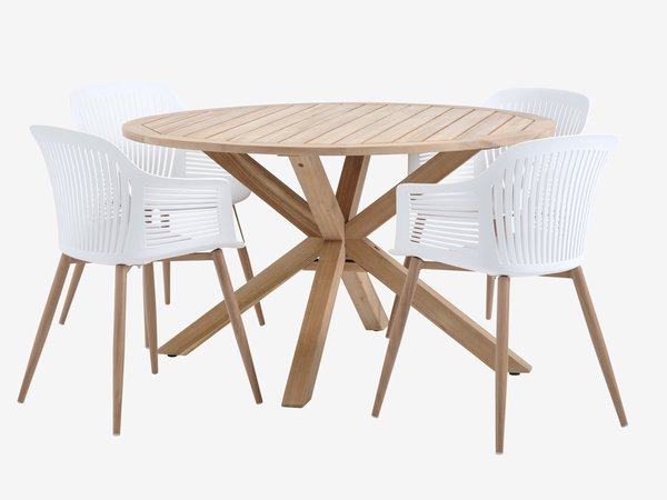 HESTRA Ø126 table acacia + 4 VANTORE chaises blanc