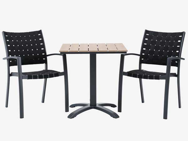 Table HOBRO L70 naturel + 2 chaises JEKSEN empilable noir