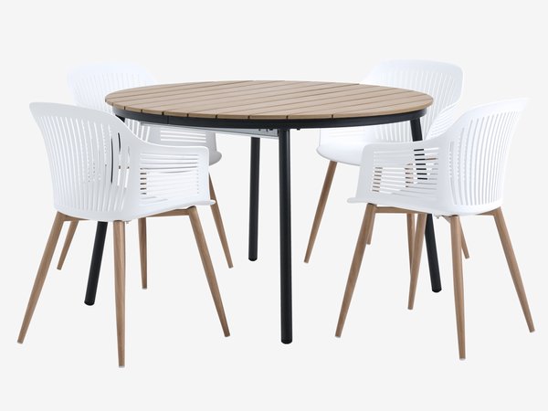 Table TAGEHOLM L118/168 naturel + 4 chaises VANTORE blanc