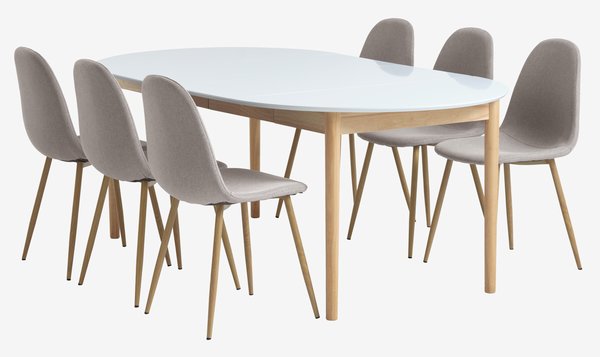Table MARSTRAND Ø110 blanc + 4 chaises TINGLEV gris/chêne