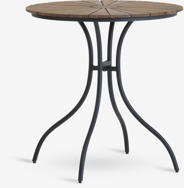 BASTRUP Ø70 table acacia/noir + 2 SAKSBORG chaises gris