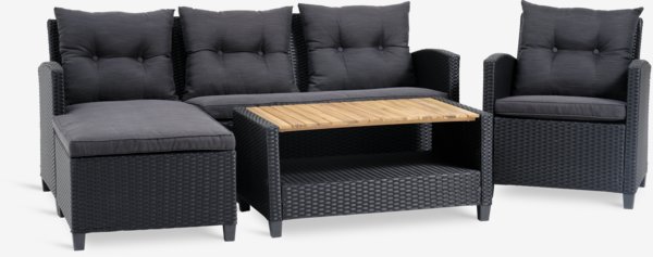 Set muebles jardín VEN 4 plazas con chaise longue negro