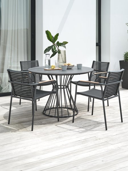 FAGERNES Ø110 bord grå + 4 NABE stol svart