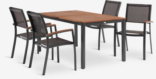 YTTRUP L150 tafel hardhout + 4 MADERNE stapelstoelen grijs