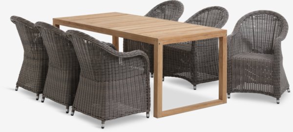 Table EBBESKOV L196 teck + 4 chaises GAMMELBY gris