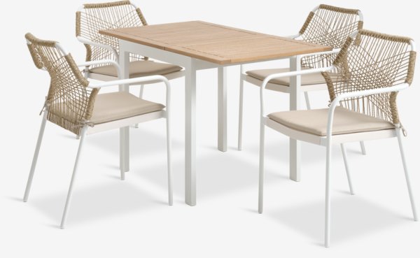 Table RAMTEN L75/126 bois dur + 4 chaises FASTRUP blanc