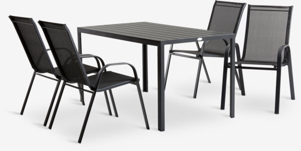 Table JERSORE L140 + 4 chaises LEKNES empilable noir