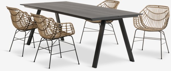 Table FAUSING L220 noir + 4 chaises ILDERHUSE naturel