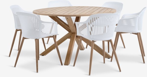 HESTRA Ø126 table acacia + 4 VANTORE chaises blanc