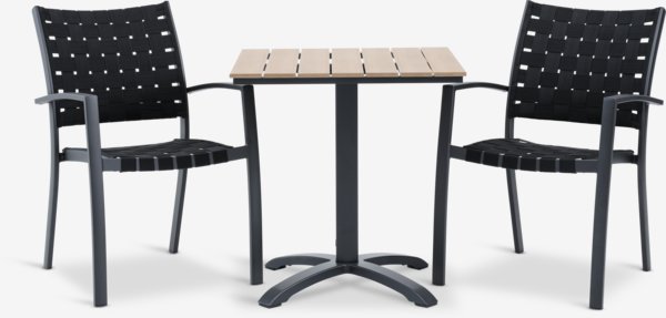 HOBRO L70 table naturel + 2 JEKSEN chaises noir