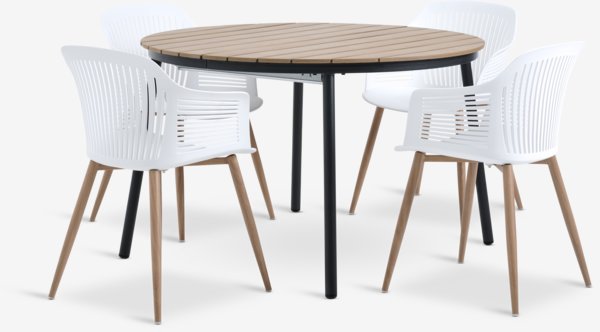TAGEHOLM L118/168 table naturel + 4 VANTORE chaises blanc